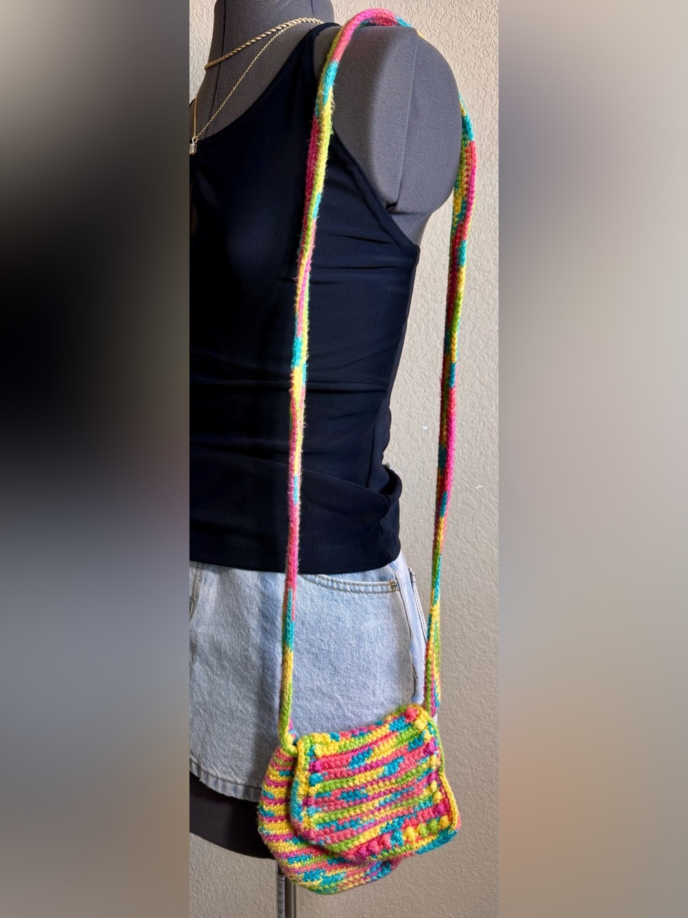Handmade Knit Rainbow Crossbody Purse Bag
